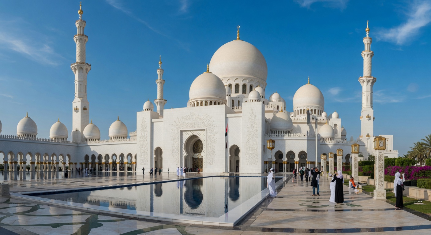 Urlaub in Abu Dhabi – Sheikh-Zayed-Moschee mit weissen Kuppeln bei Sonnenuntergang | Travelviser