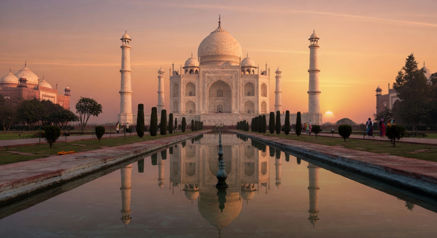 Urlaub in Agra – Taj Mahal bei Sonnenaufgang mit Spiegelung im Yamuna | Travelviser