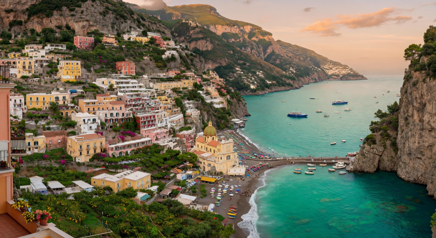 Urlaub an der Amalfiküste – Positano mit bunten Häusern an der Steilküste bei Sonnenuntergang | Travelviser