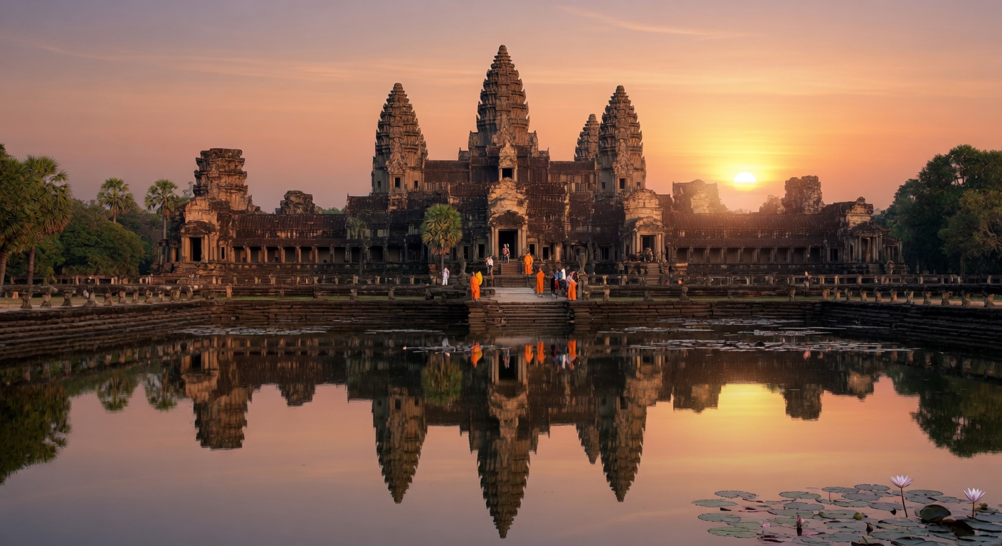 Urlaub in Angkor Wat – Haupttempel bei Sonnenaufgang mit Spiegelung im Wasser | Travelviser