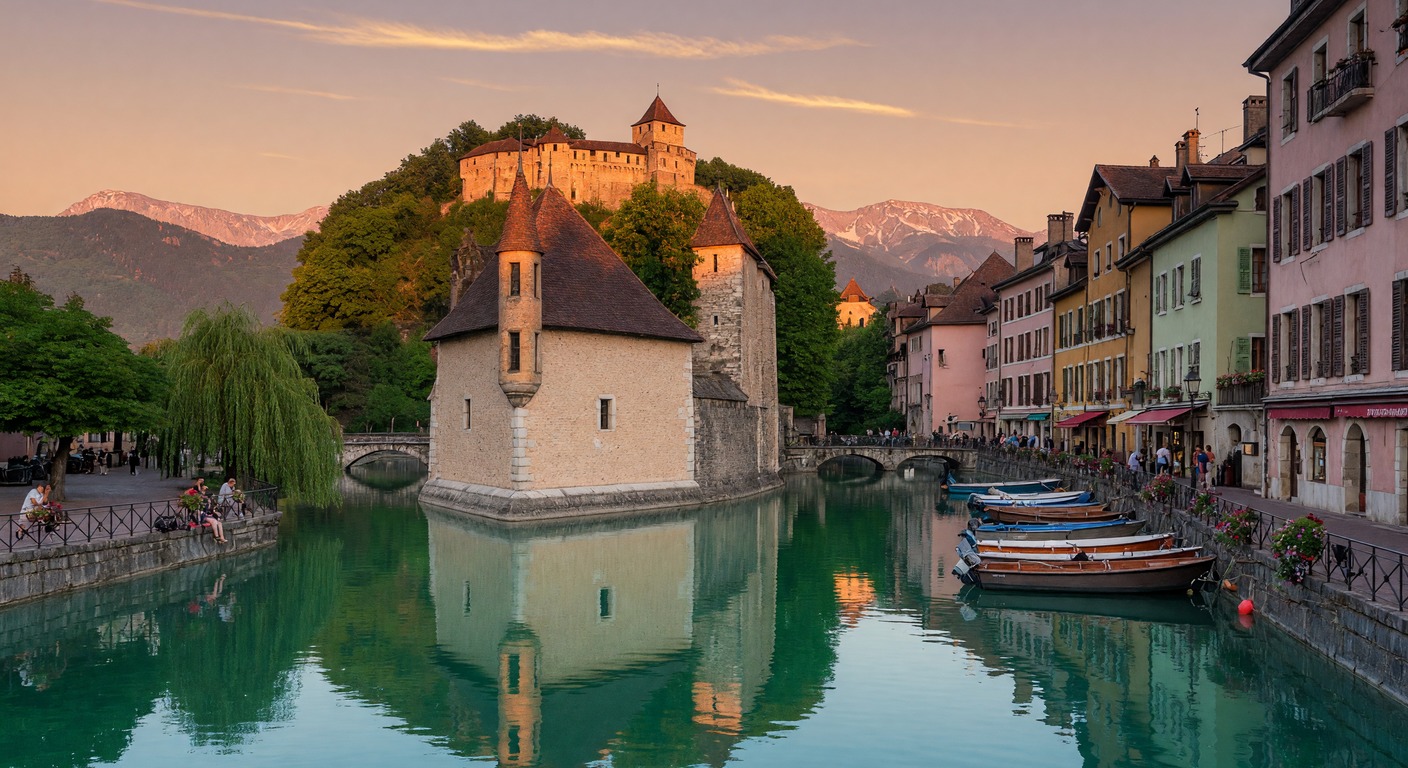Urlaub in Annecy – Altstadt mit Kanälen und türkisem Lac d'Annecy vor Bergkulisse | Travelviser