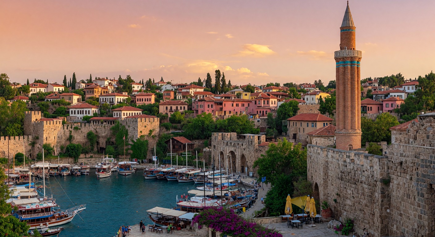 Urlaub in Antalya Altstadt – Kaleiçi mit Hadrianstor und Yivli Minare über dem Hafen | Travelviser