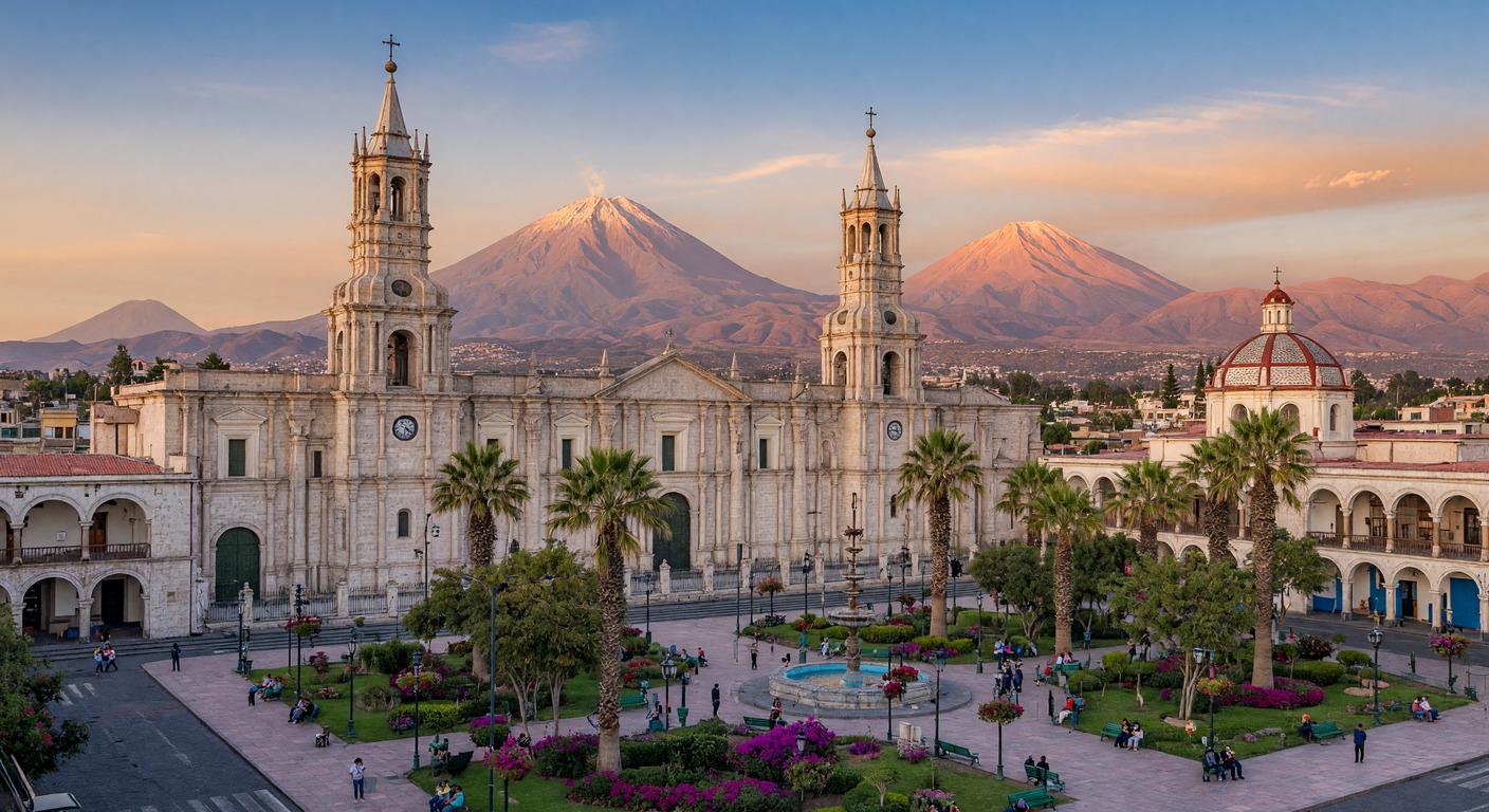 Urlaub in Arequipa – Koloniale Plaza de Armas mit Vulkanen im Hintergrund | Travelviser