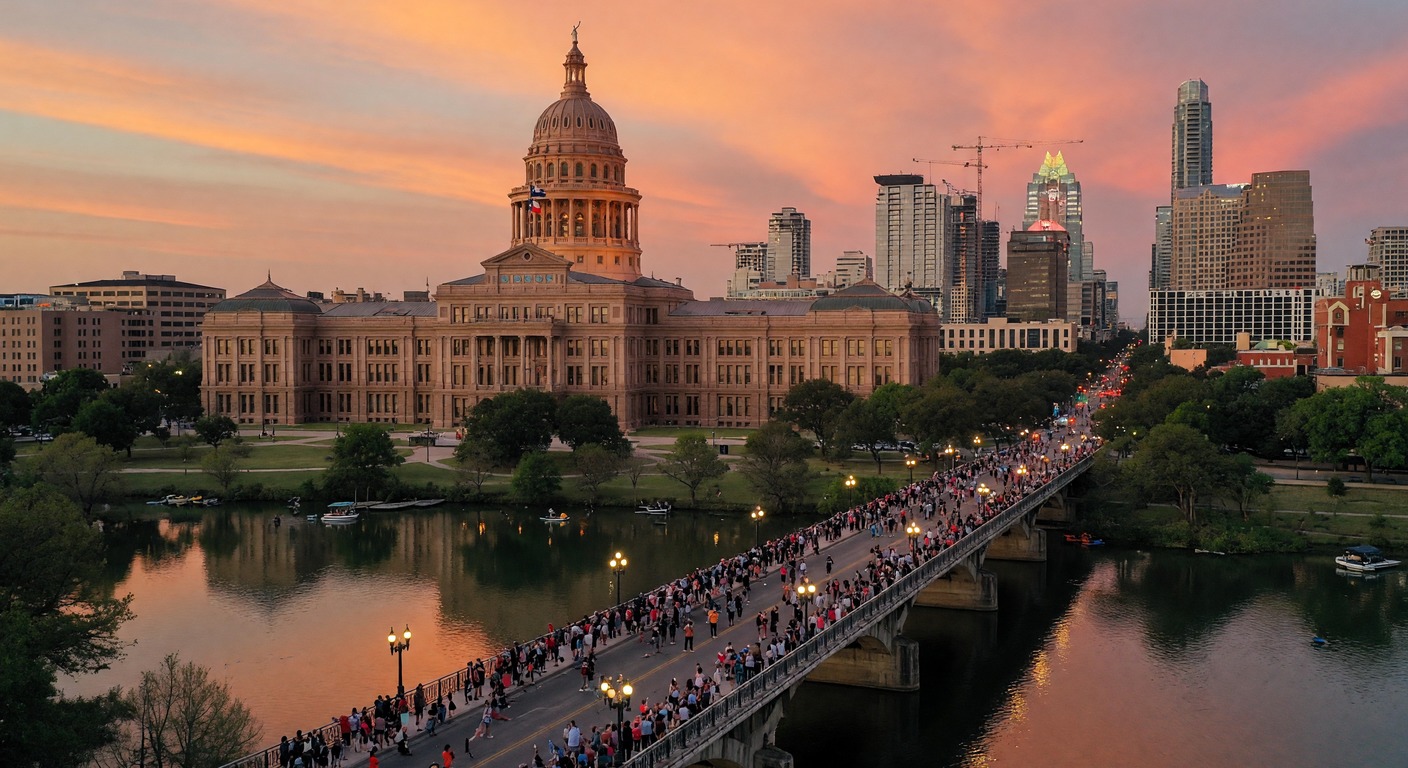 Urlaub in Austin – Congress Avenue Bridge mit Skyline und Colorado River bei Sonnenuntergang | Travelviser