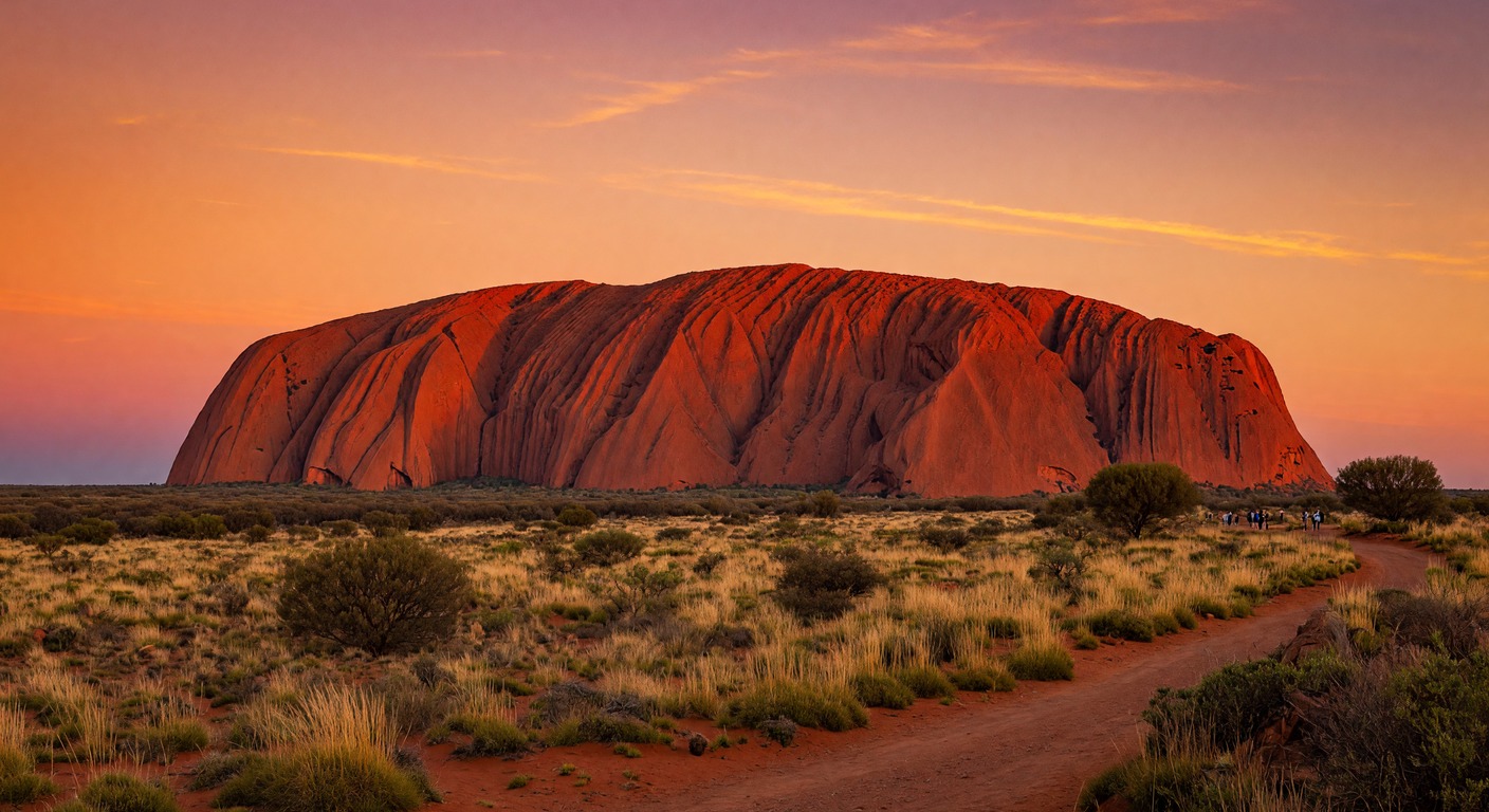 Urlaub in Australien – Uluru bei Sonnenaufgang mit rotem Fels und Wüstenlandschaft | Travelviser