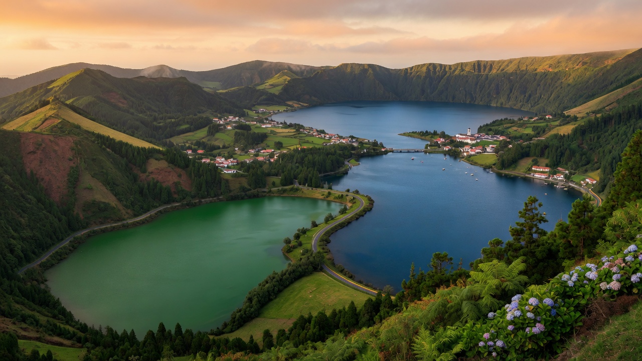 Urlaub auf den Azoren – Sete Cidades Kraterseen mit grünem und blauem Wasser aus der Vogelperspektive | Travelviser