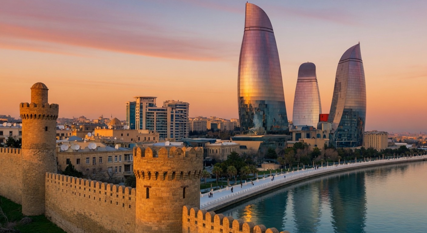 Urlaub in Baku – Flame Towers spiegeln sich im Kaspischen Meer bei Nacht | Travelviser