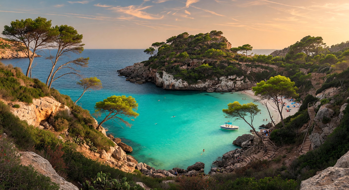 Urlaub in den Balearen – türkisfarbene Bucht mit Pinien und Segelbooten | Travelviser