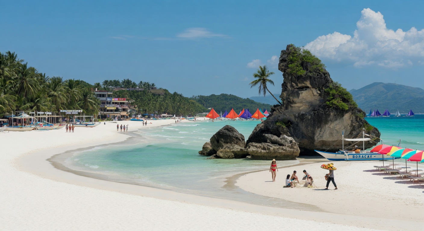 Urlaub in Boracay – White Beach mit türkisem Meer und Palmen bei Sonnenuntergang | Travelviser