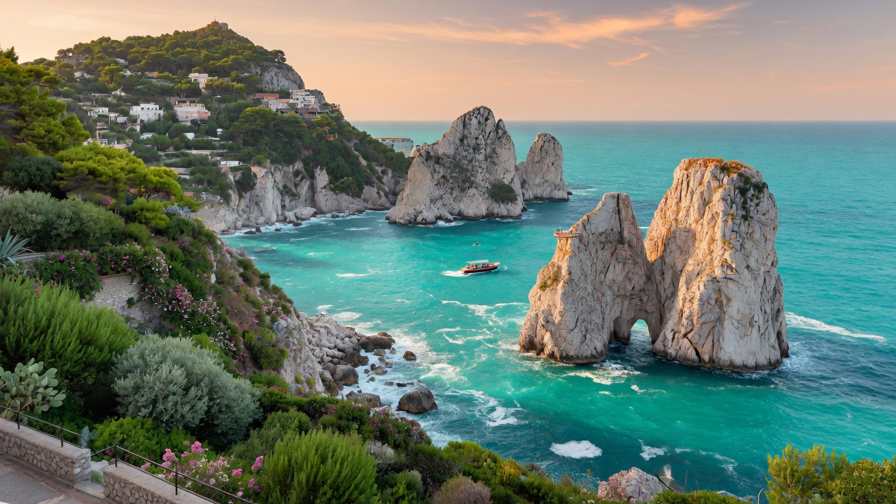 Urlaub in Capri – Faraglioni-Felsen und türkisfarbenes Mittelmeer bei Sonnenuntergang | Travelviser
