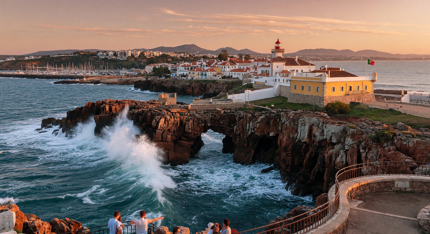 Urlaub in Cascais – Blick auf die Bucht mit Booten und Strandpromenade | Travelviser