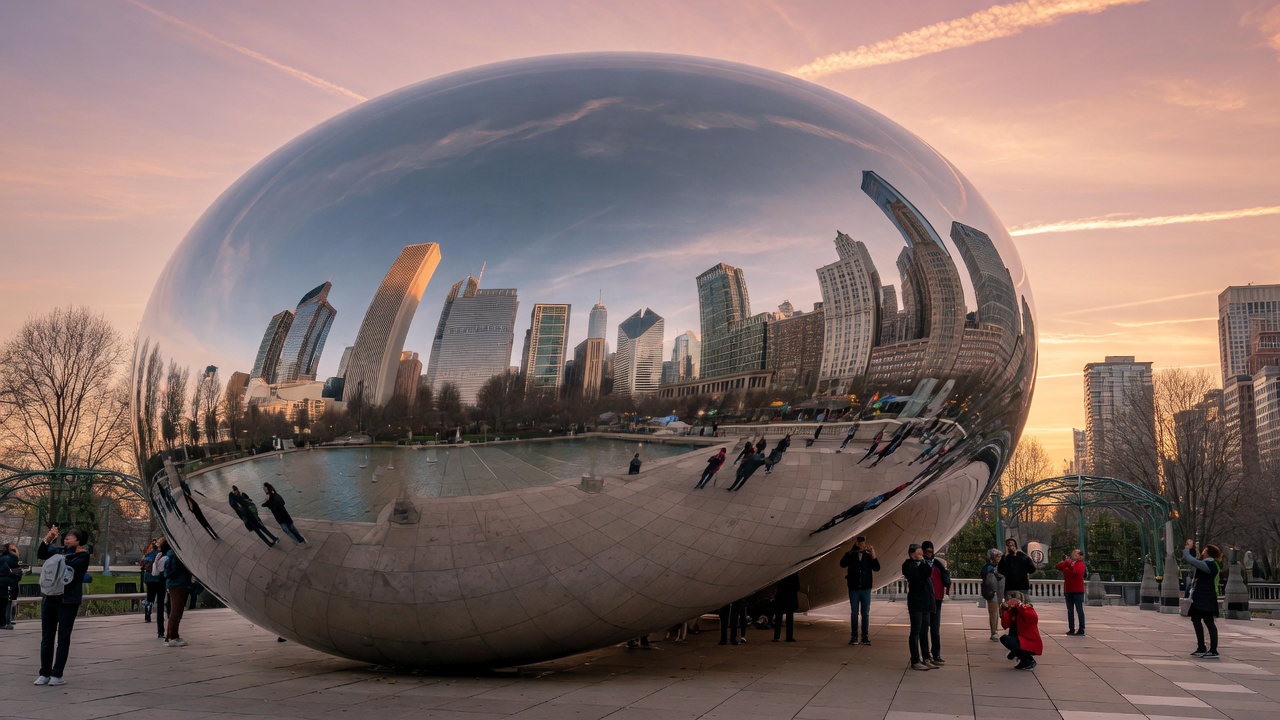 Urlaub in Chicago – Skyline am Michigansee mit Cloud Gate und Wolkenkratzern bei Sonnenuntergang | Travelviser