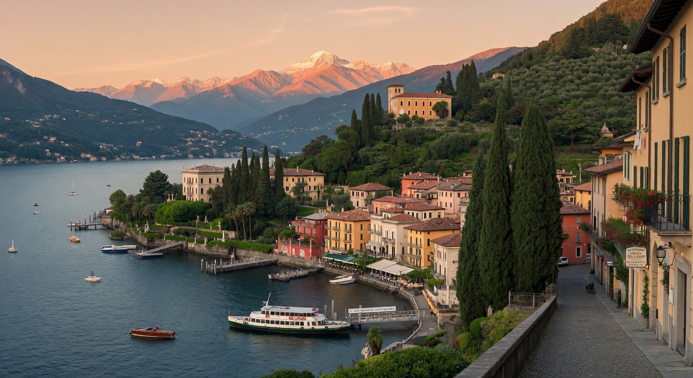 Urlaub am Comer See – Bellagio mit Uferpromenade und Alpenpanorama bei Sonnenuntergang | Travelviser