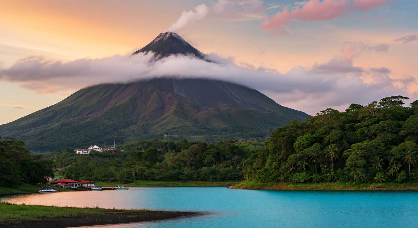 Urlaub in Costa Rica – Arenal-Vulkan über dem Regenwald bei goldenem Abendlicht | Travelviser