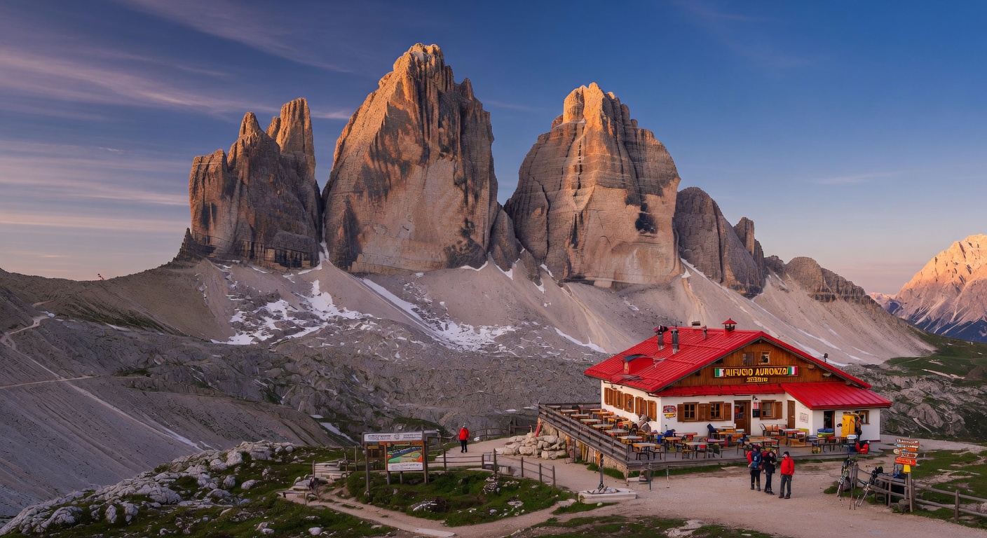 Urlaub in den Dolomiten – Tre Cime di Lavaredo bei Sonnenaufgang mit rosarotem Gipfelglühen | Travelviser
