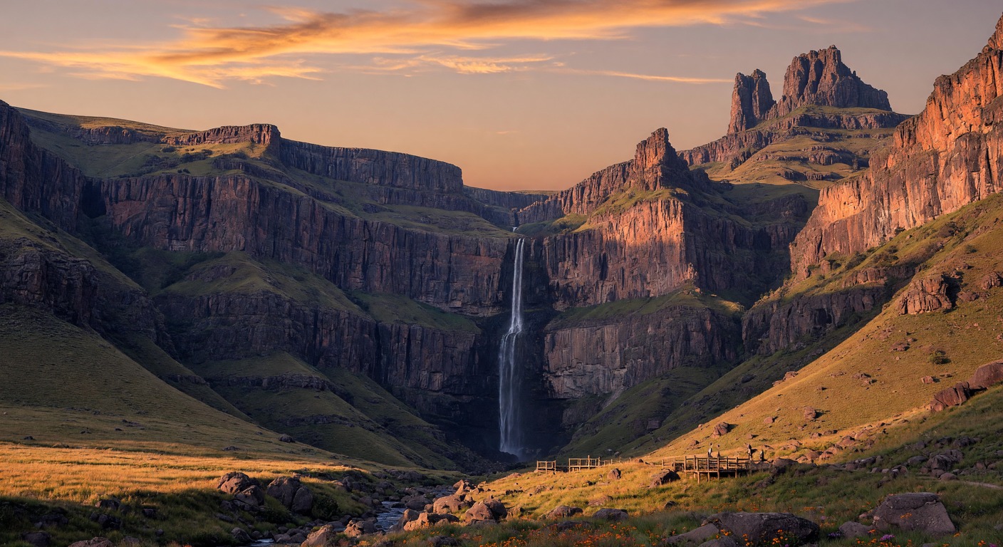 Urlaub in Drakensberge – Berglandschaft mit Wasserfall | Travelviser