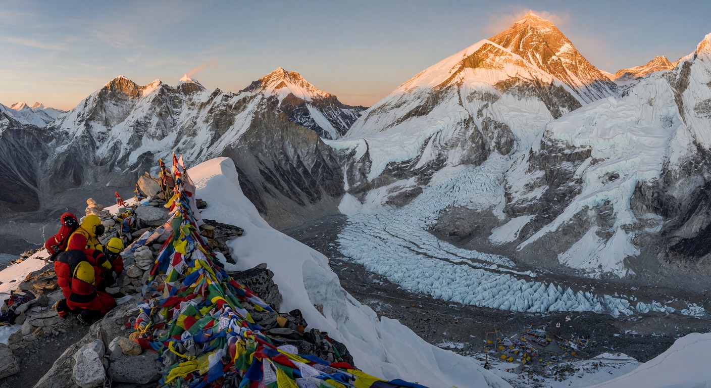Urlaub am Everest Base Camp – Trekker vor dem Khumbu-Eisfall mit Blick auf den Everest | Travelviser