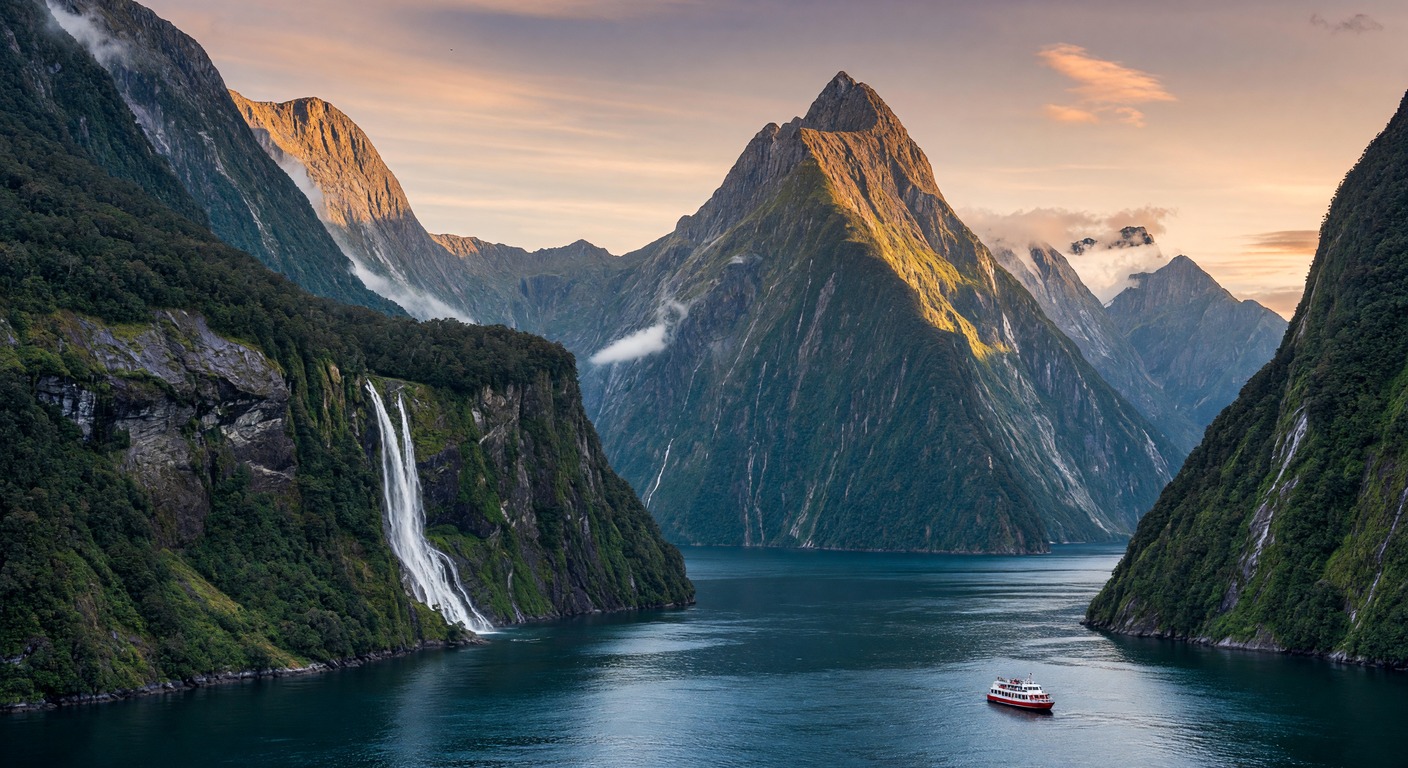 Urlaub in Fiordland – Milford Sound mit Wasserfall und Bergen | Travelviser