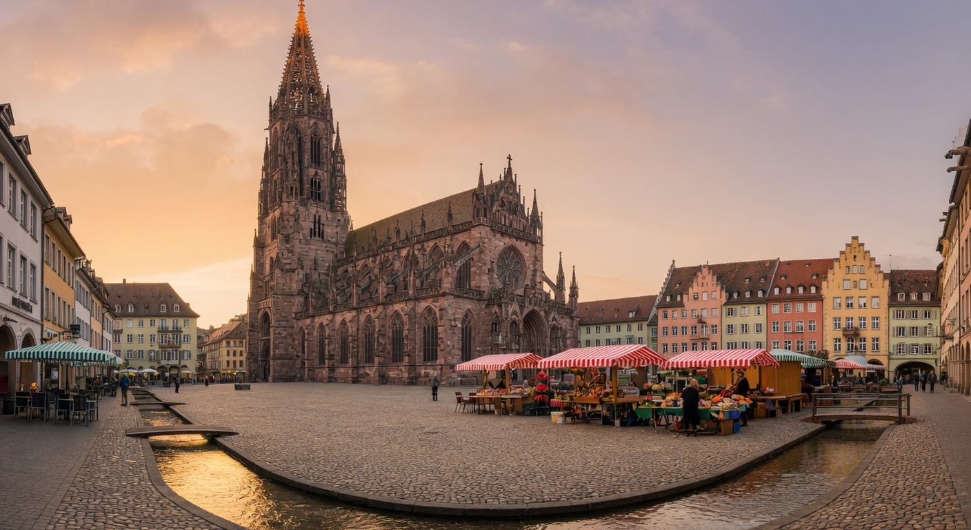 Urlaub in Freiburg – Freiburger Münster und Altstadt mit Schwarzwald-Silhouette | Travelviser