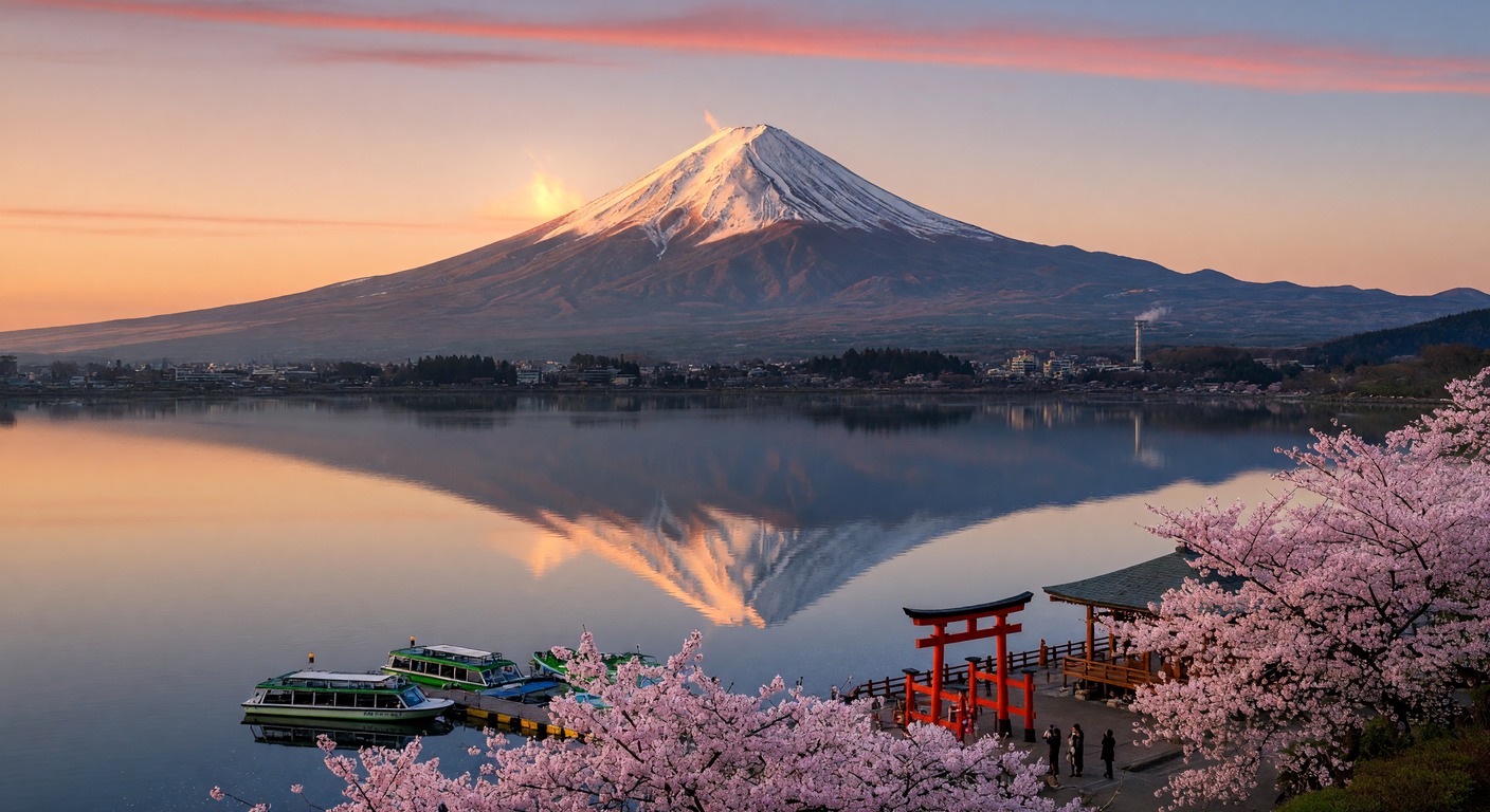 Urlaub am Fuji-san – Berg Fuji mit Schneebedeckung und Chureito-Pagode im Vordergrund | Travelviser