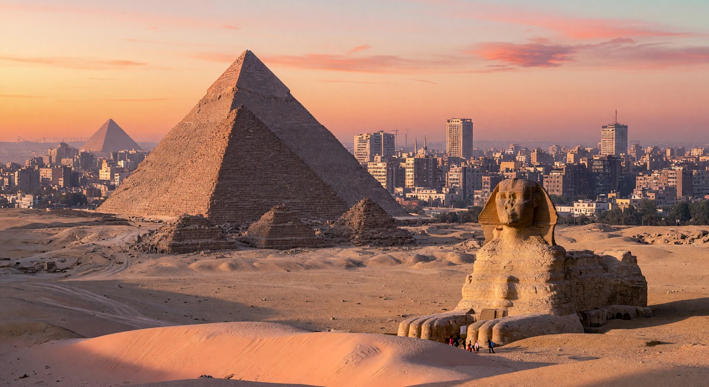 Urlaub in Gizeh – Cheops-Pyramide und Große Sphinx vor der Kairo-Skyline | Travelviser