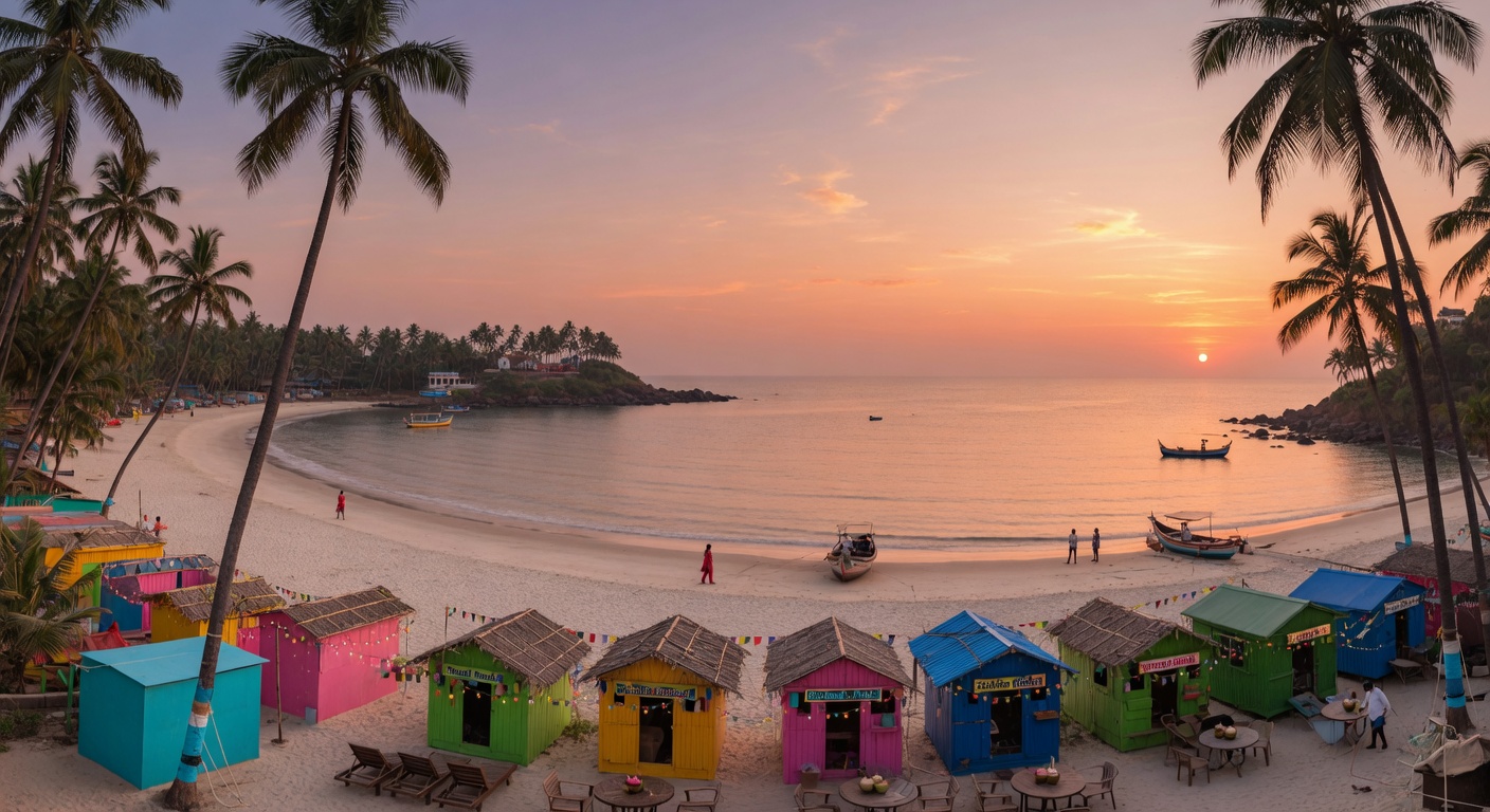 Urlaub in Goa – Palolem Beach mit Palmen und türkisfarbenem Wasser bei Sonnenuntergang | Travelviser