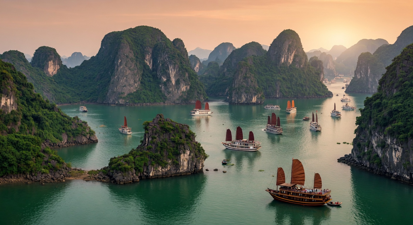 Urlaub in Ha Long Bay – Traditionelle Dschunke zwischen Kalksteinfelsen bei Sonnenuntergang | Travelviser