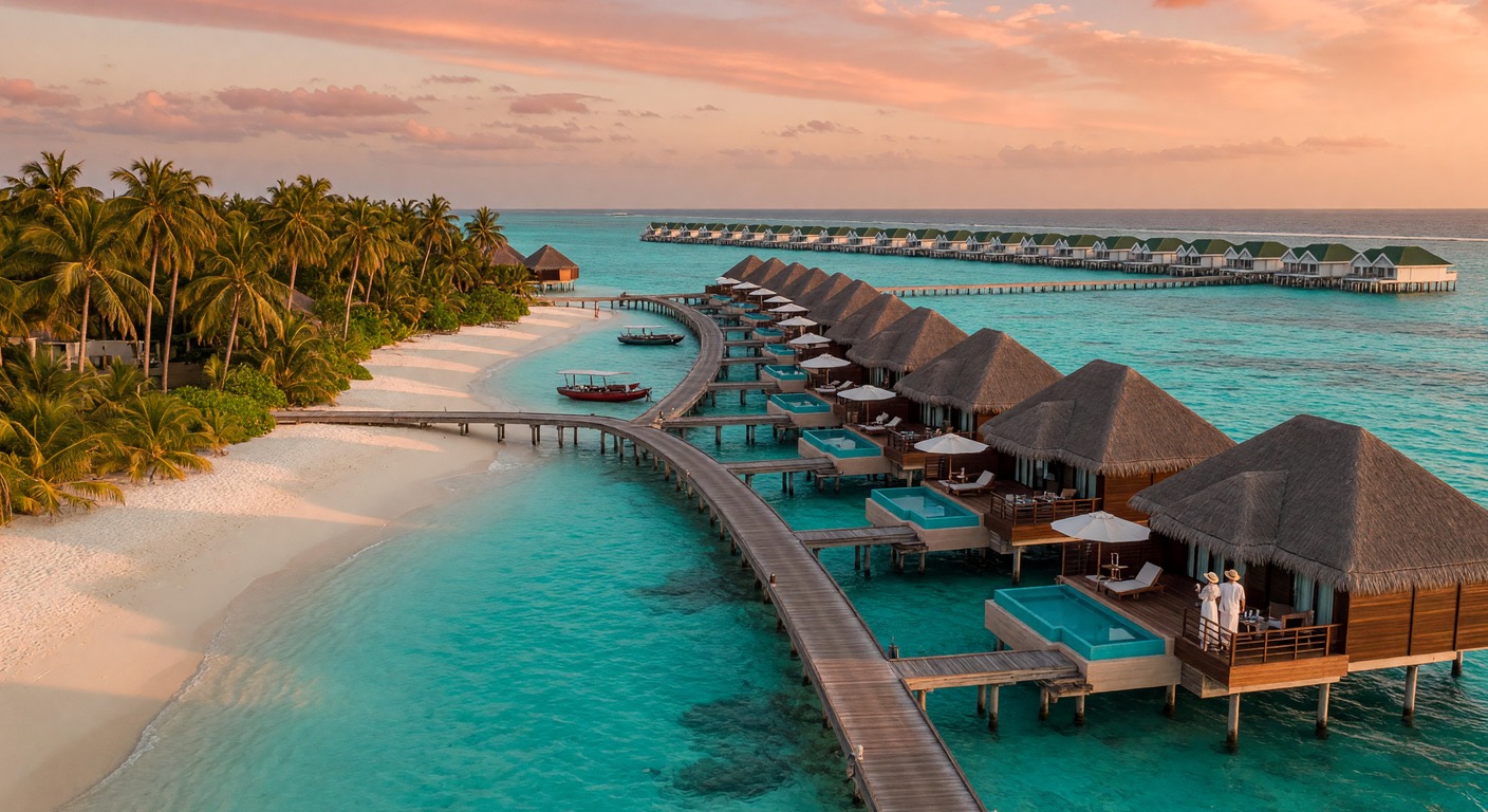 Urlaub in Hochzeitsreise Malediven – Overwater-Bungalow über türkisfarbenem Lagunenwasser bei Sonnenuntergang | Travelviser
