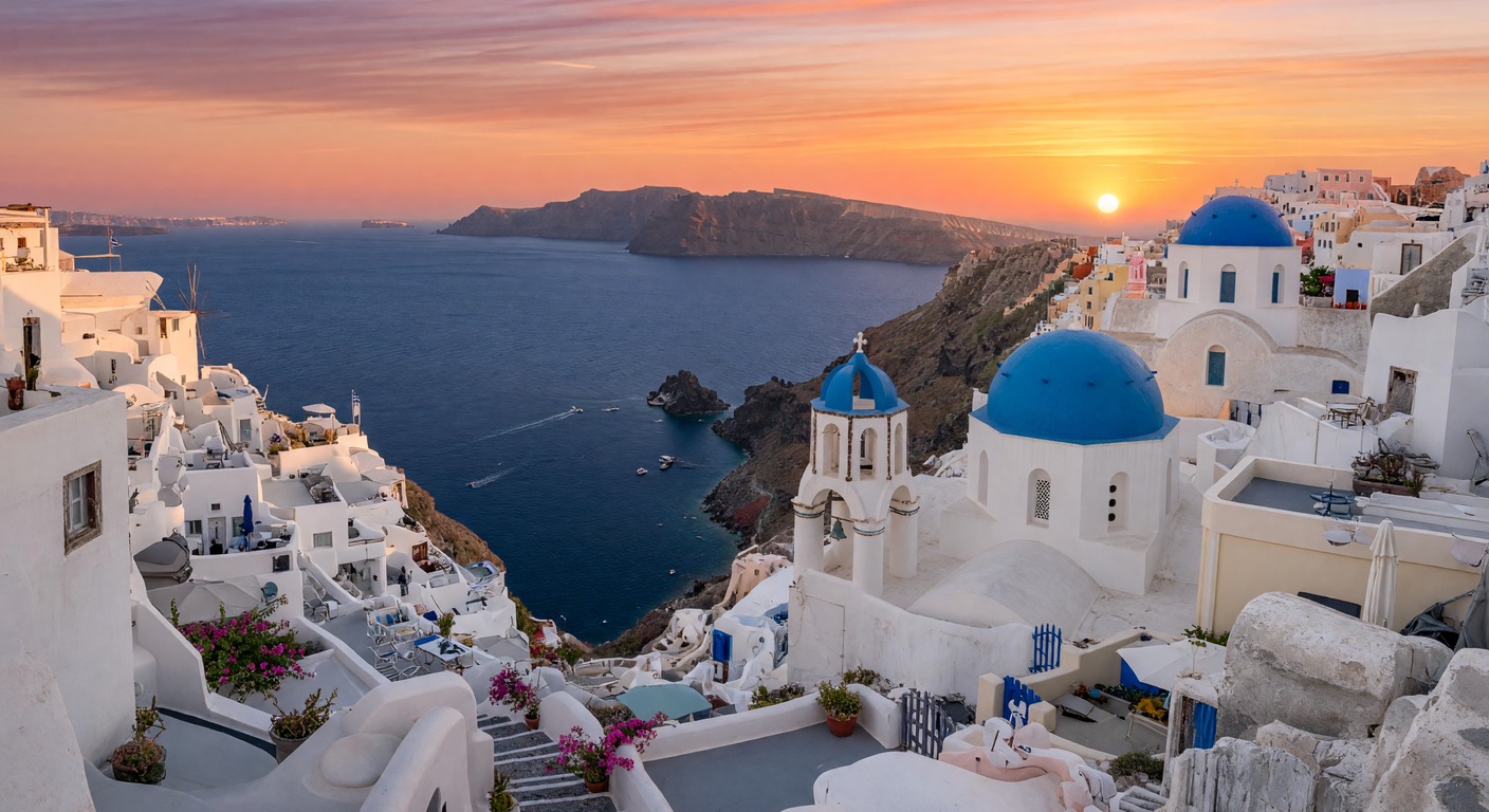 Urlaub in Hochzeitsreise Santorini – Oia mit blauen Kuppeln und Caldera bei Sonnenuntergang | Travelviser