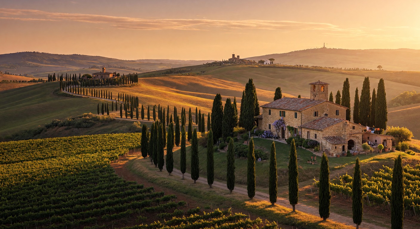 Urlaub in Hochzeitsreise Toskana – Val d'Orcia mit Zypressen und Weinbergen bei Sonnenuntergang | Travelviser