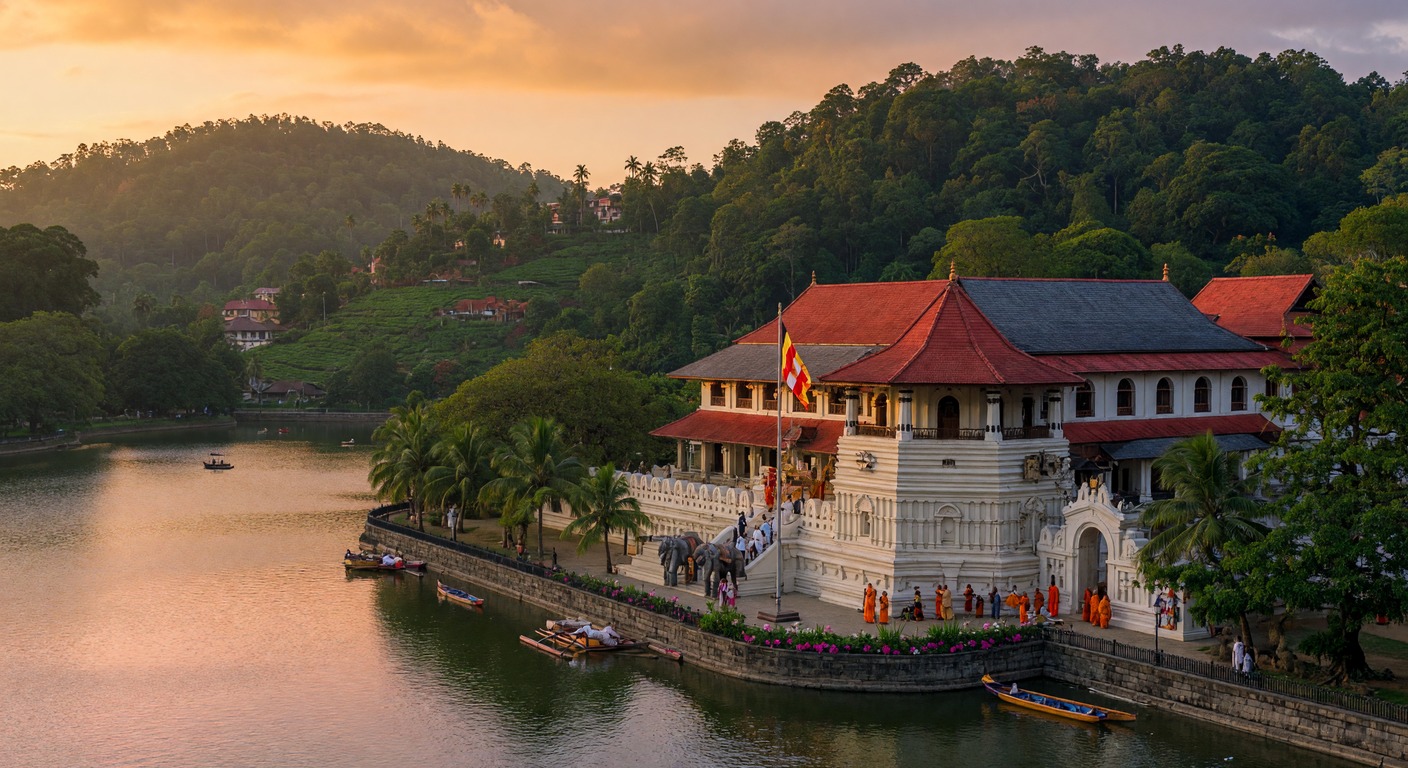 Urlaub in Kandy – Tempel des Zahnes am Kandy Lake bei Sonnenuntergang | Travelviser