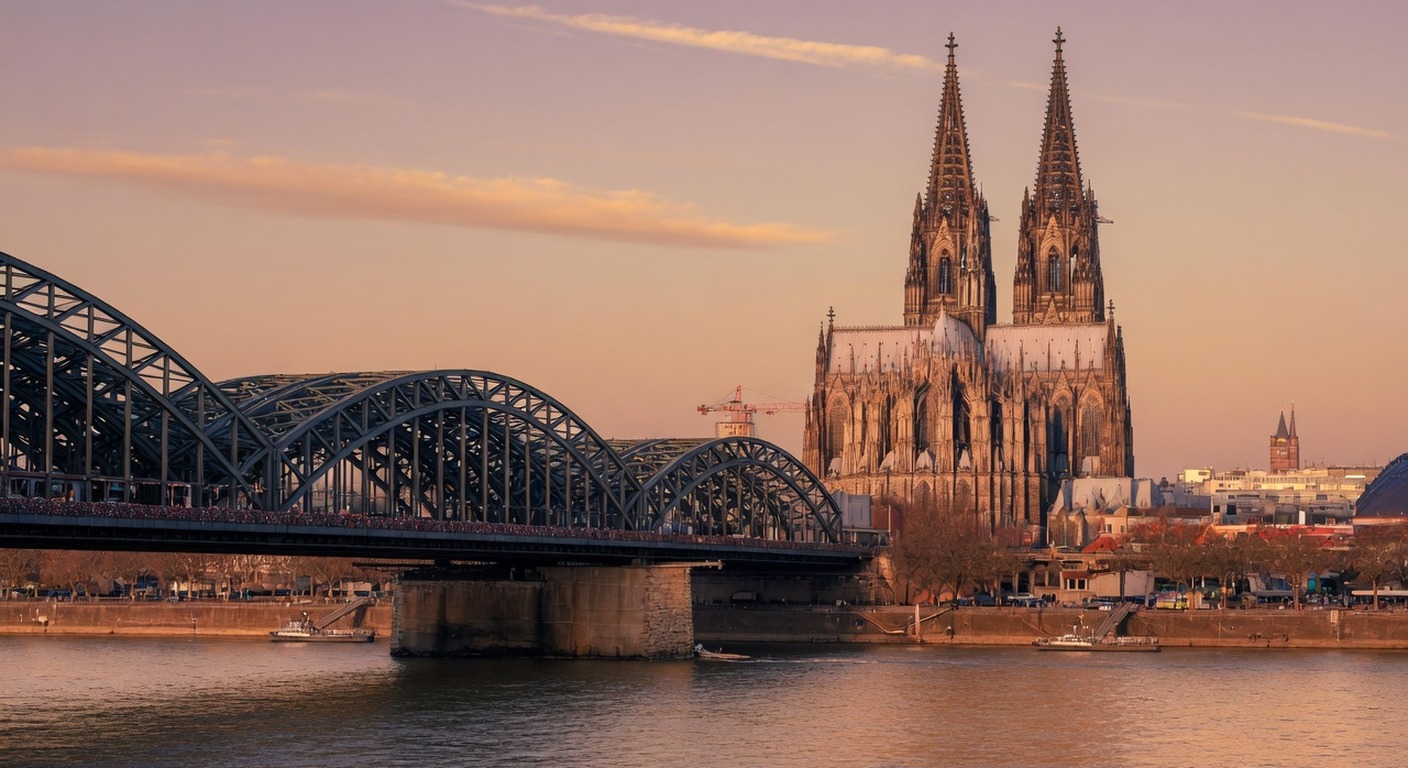 Urlaub in Köln – Kölner Dom und Rheinufer bei Abenddämmerung | Travelviser