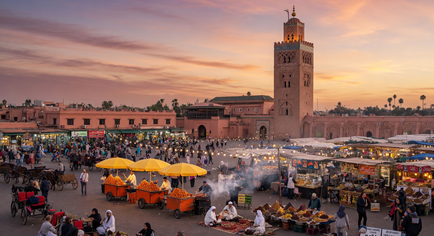 Jemaa el-Fnaa Platz und Koutoubia Minarett in Marrakesch, Marokko bei Sonnenuntergang