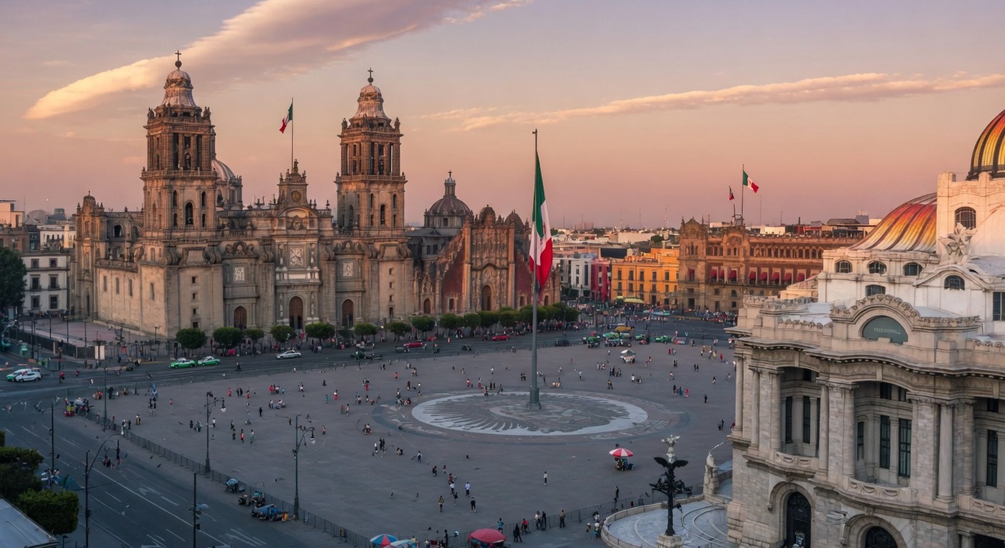 Urlaub in Mexiko-Stadt – Palacio de Bellas Artes und Zócalo bei Nacht | Travelviser