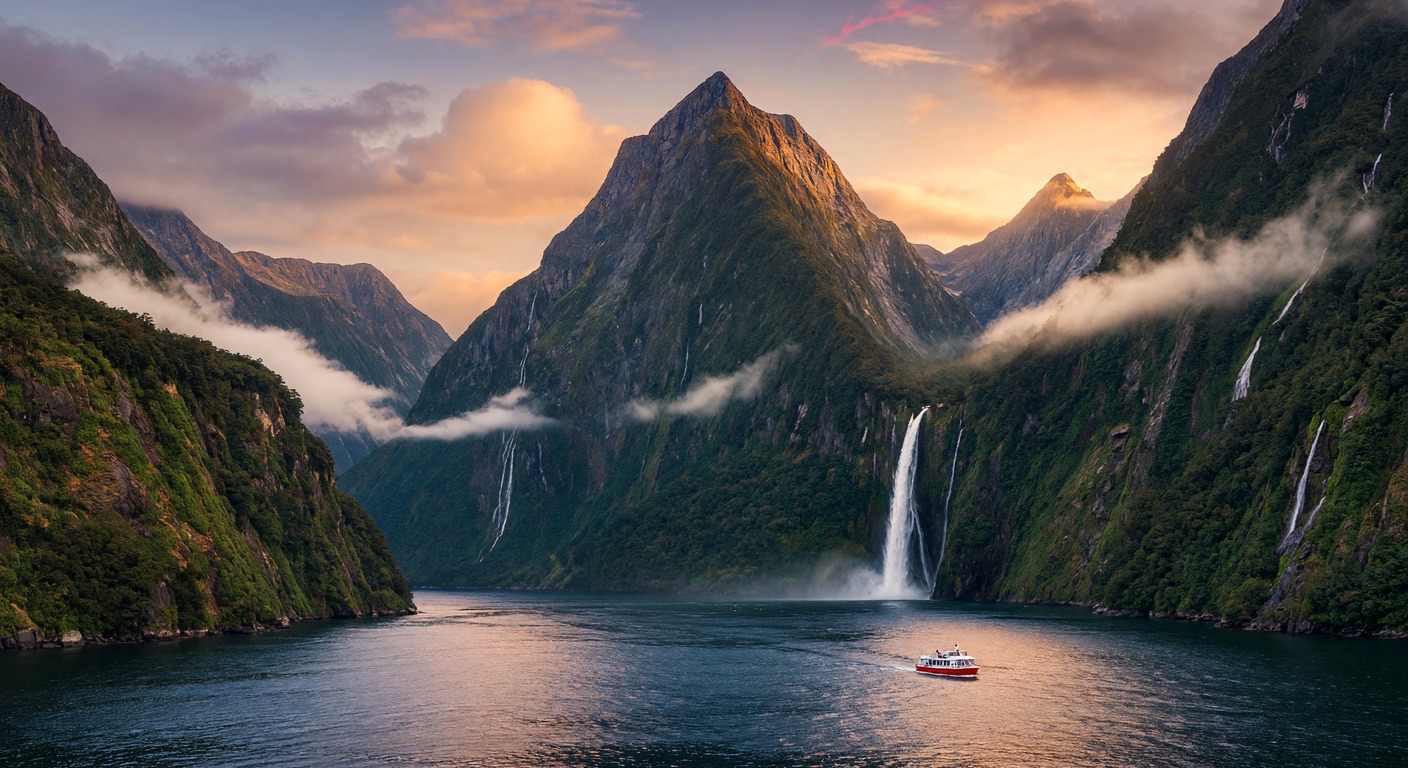 Urlaub in Neuseeland Rundreise – Milford Sound mit steilen Fjordwänden und Spiegelung im Wasser | Travelviser