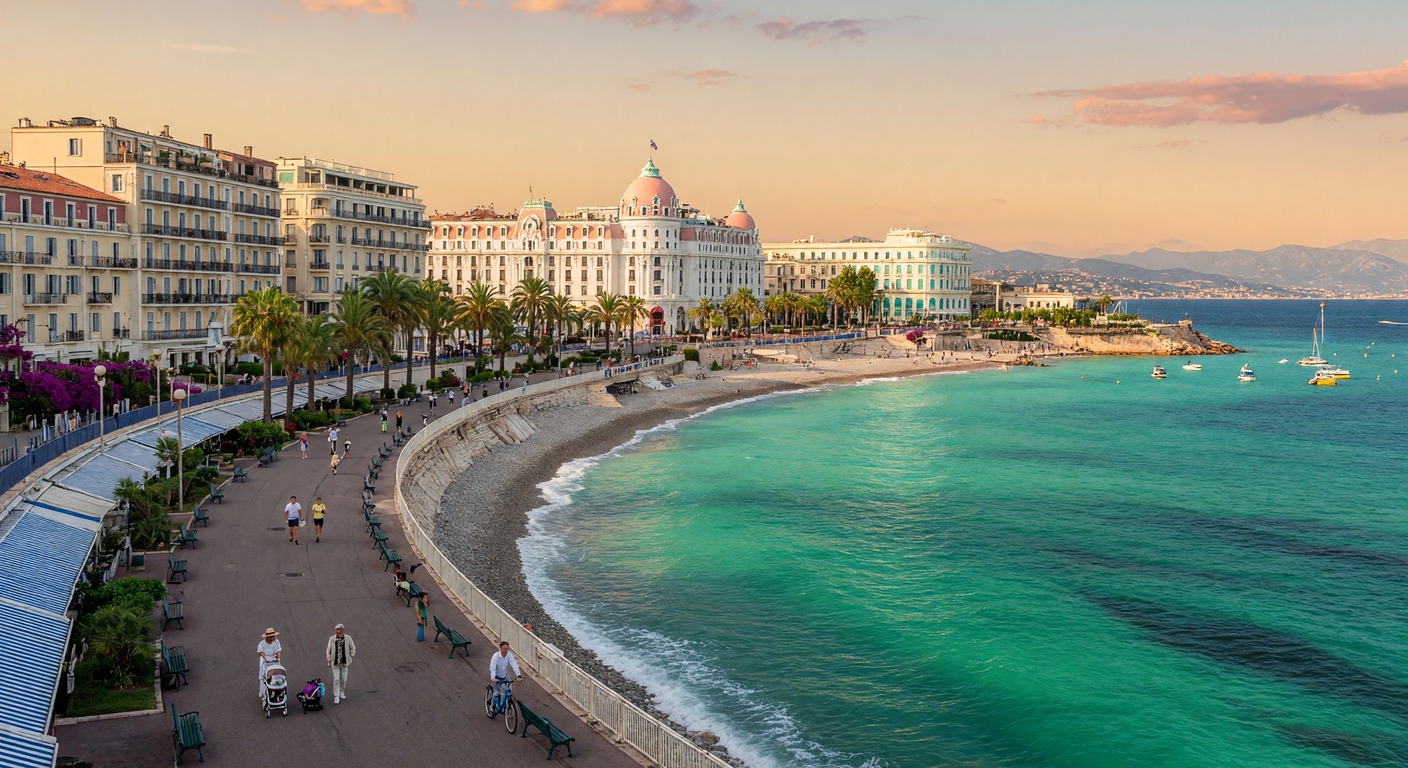 Urlaub in Nizza – Promenade des Anglais mit azurblauem Mittelmeer und Palmen | Travelviser