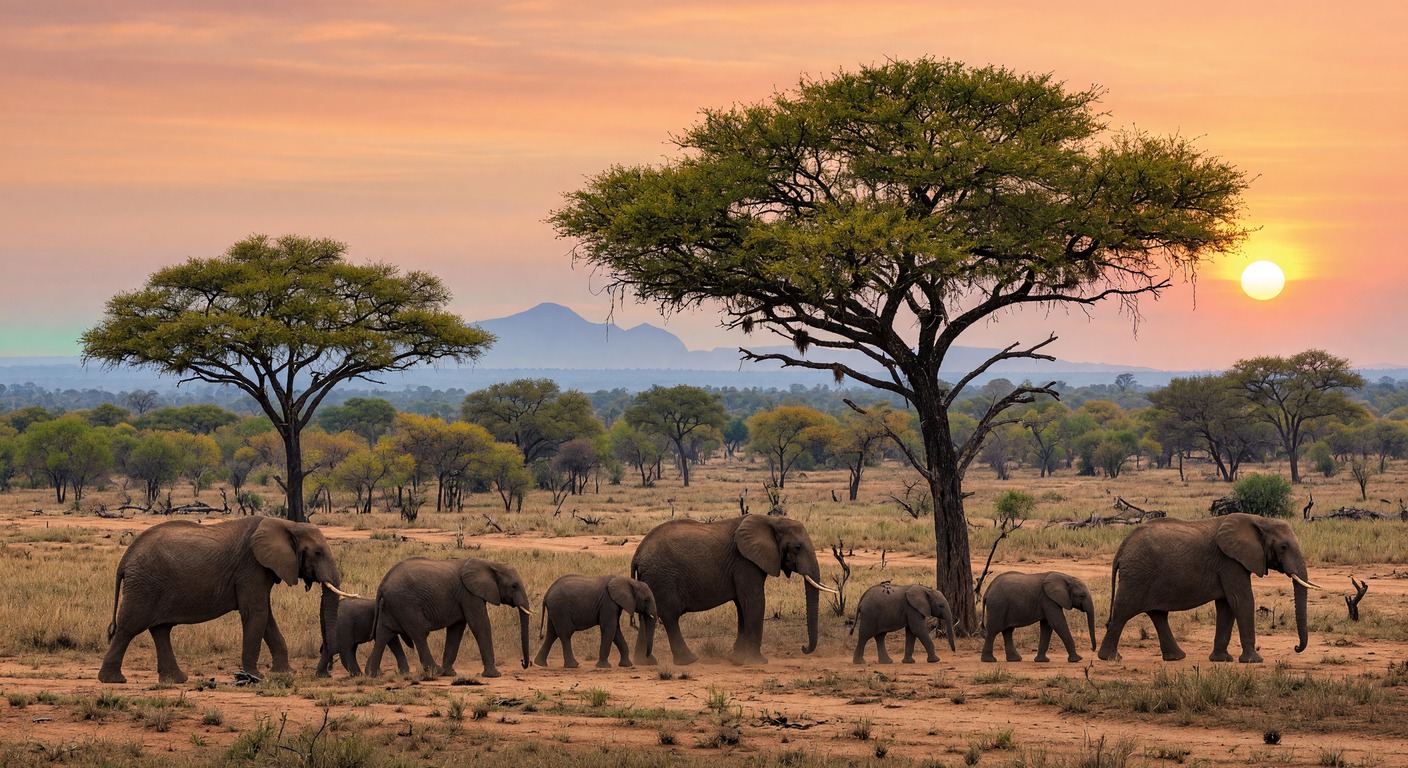 Urlaub in Safari Südafrika – Elefantenherde im Krüger-Nationalpark bei Sonnenaufgang | Travelviser