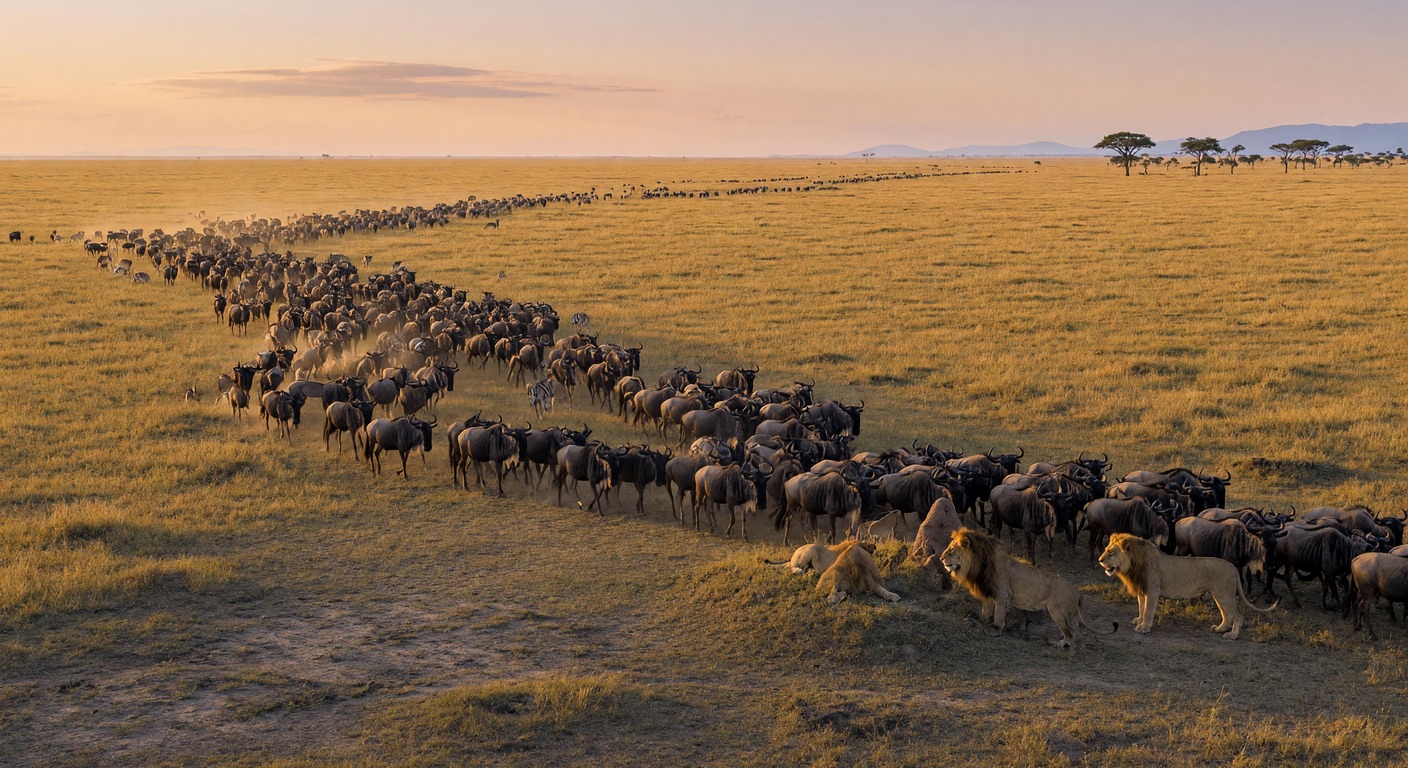 Urlaub in Safari Tansania – Gnuherde in der Serengeti-Savanne bei goldenem Sonnenlicht | Travelviser