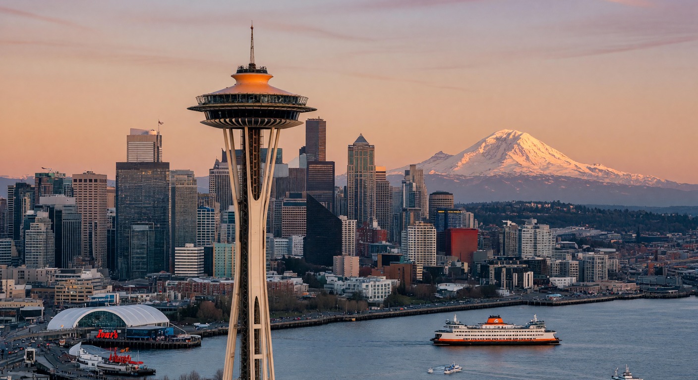 Urlaub in Seattle – Space Needle und Skyline über Puget Sound bei Sonnenuntergang | Travelviser