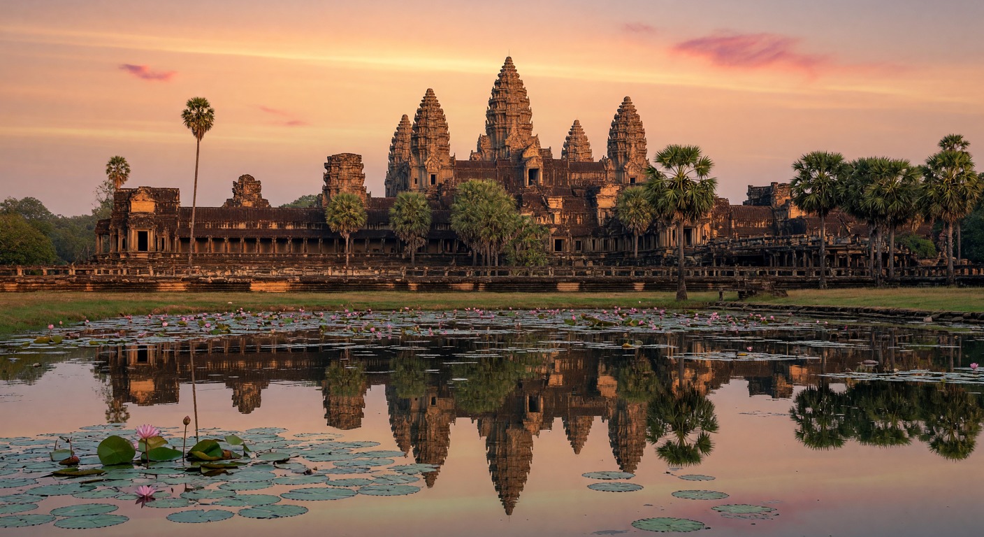 Urlaub in Siem Reap – Angkor Wat bei Sonnenaufgang mit Spiegelung im Wasser | Travelviser