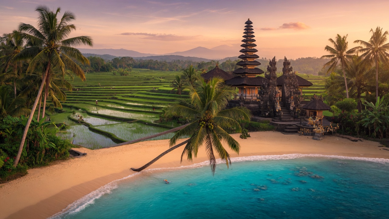 Strandurlaub in Indonesien – türkisfarbene Bucht mit Palmen und traditionellem Boot | Travelviser