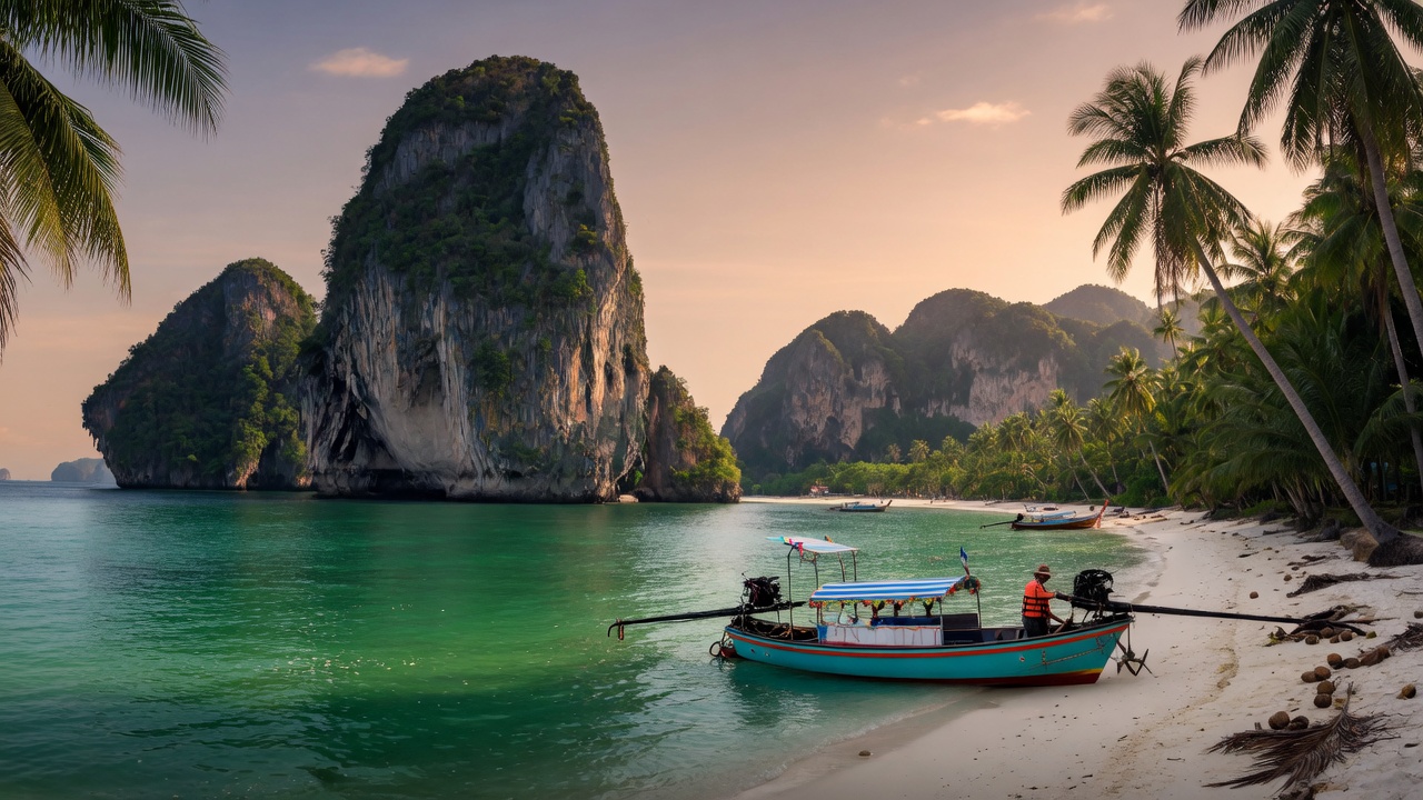 Strandurlaub in Thailand – Longtail-Boot vor Kalksteinfelsen in der Andamanensee | Travelviser