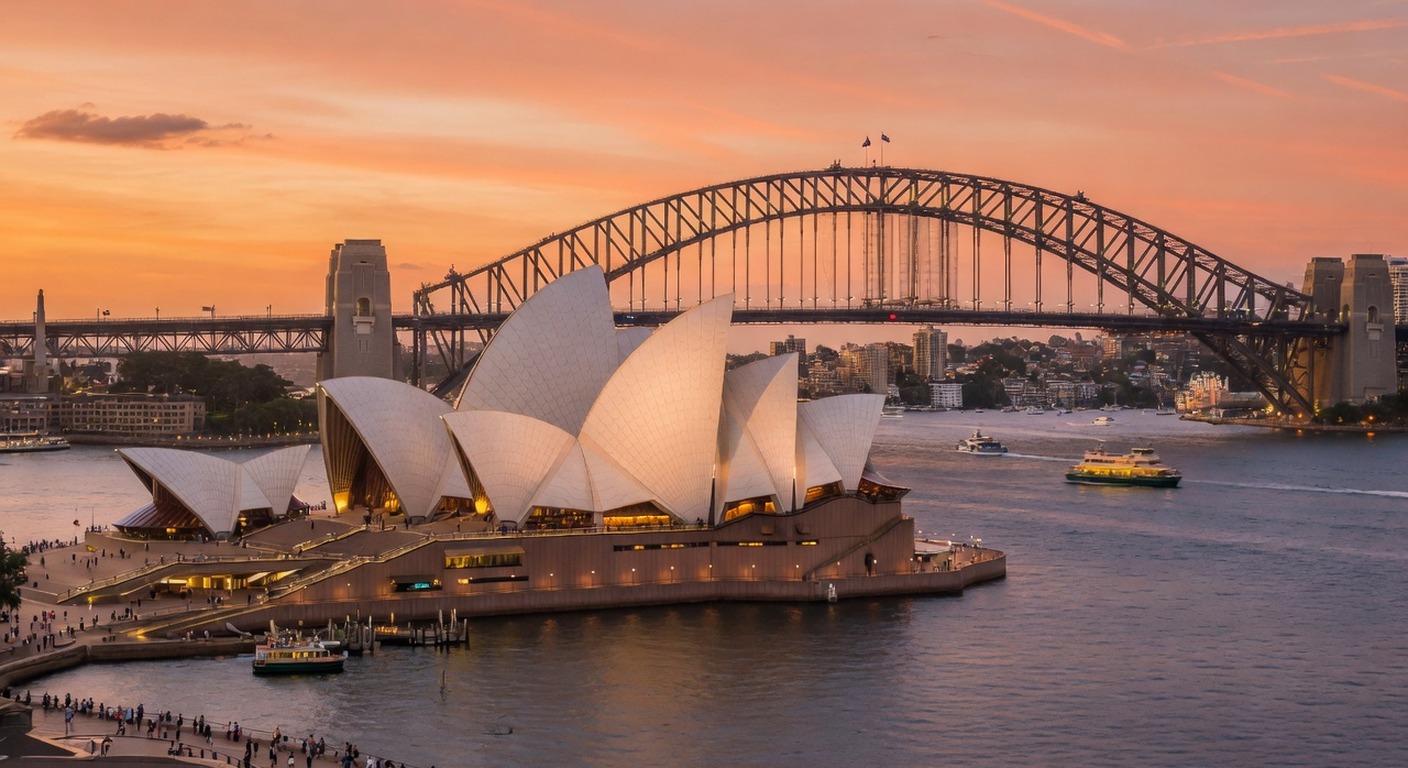 Urlaub in Sydney – Opernhaus und Harbour Bridge mit Hafen bei Sonnenuntergang | Travelviser