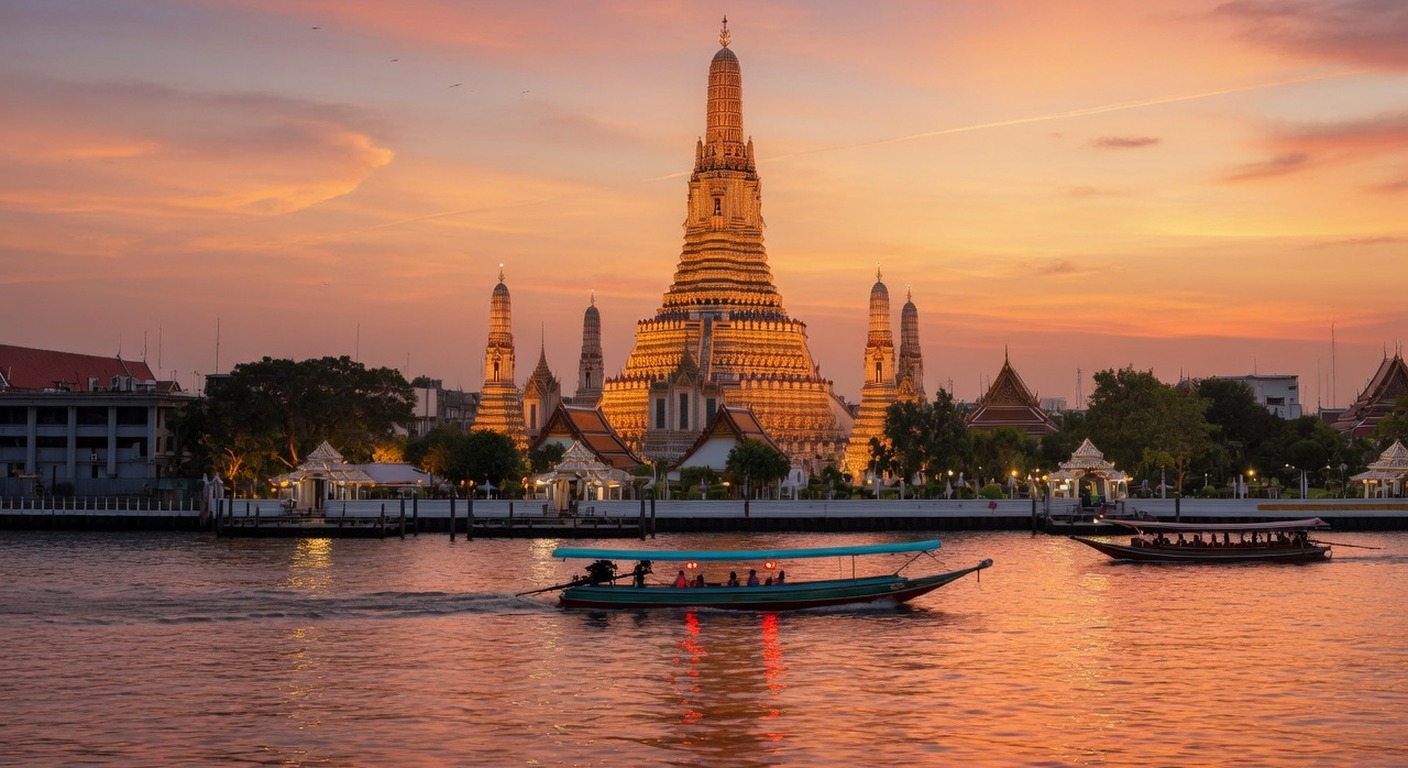 Urlaub in Thailand – Wat Arun Tempel an der Chao Phraya bei Sonnenuntergang | Travelviser