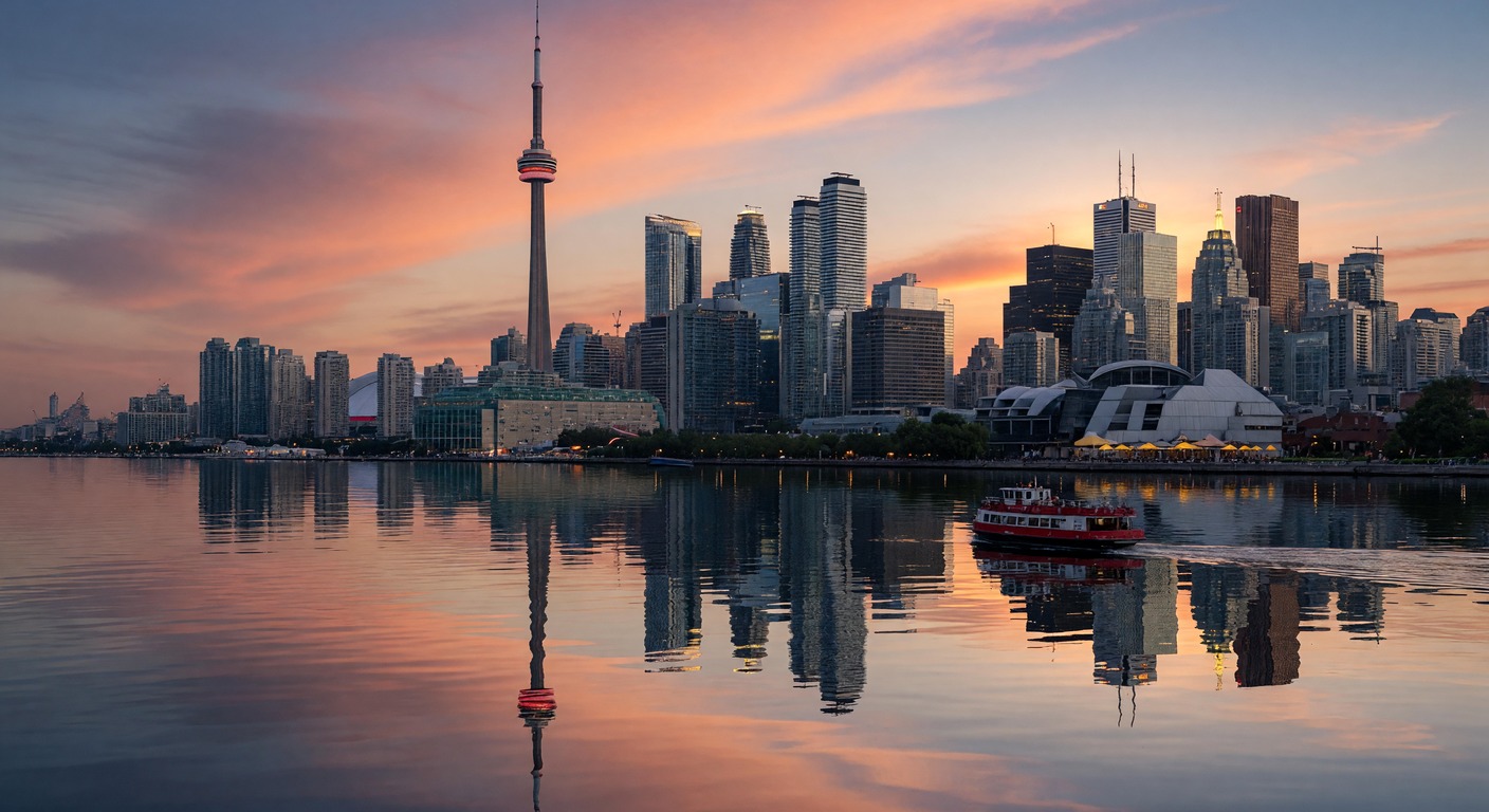 Urlaub in Toronto – CN Tower und Skyline über dem Ontario-See bei Sonnenuntergang | Travelviser