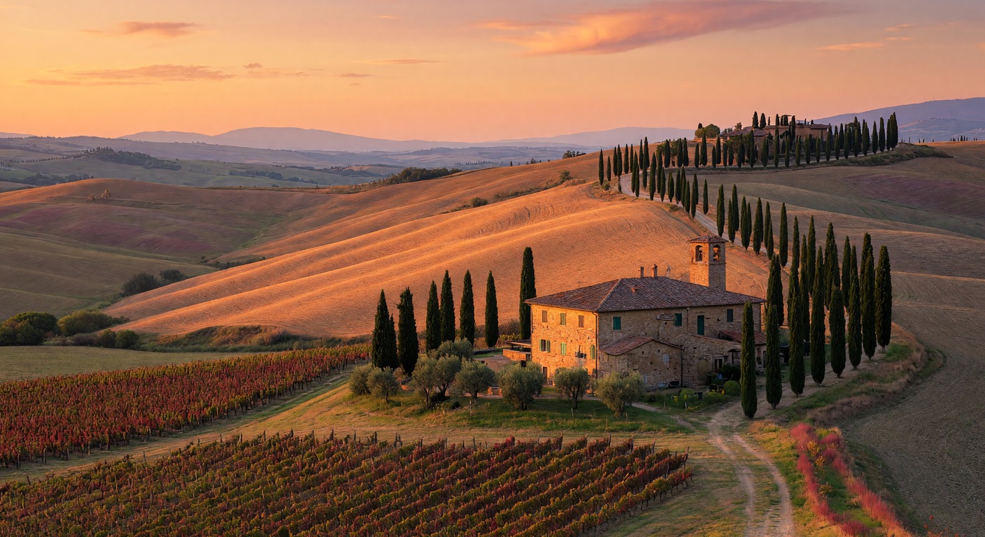 Urlaub in Toskana – Val d'Orcia mit Zypressen und Weinbergen bei Sonnenuntergang | Travelviser
