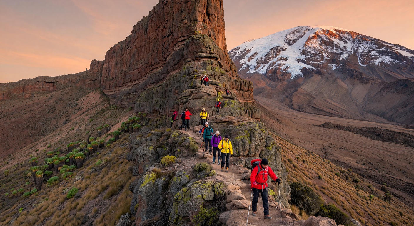 Urlaub in Kilimanjaro-Besteigung – Wanderer am Uhuru Peak bei Sonnenaufgang | Travelviser