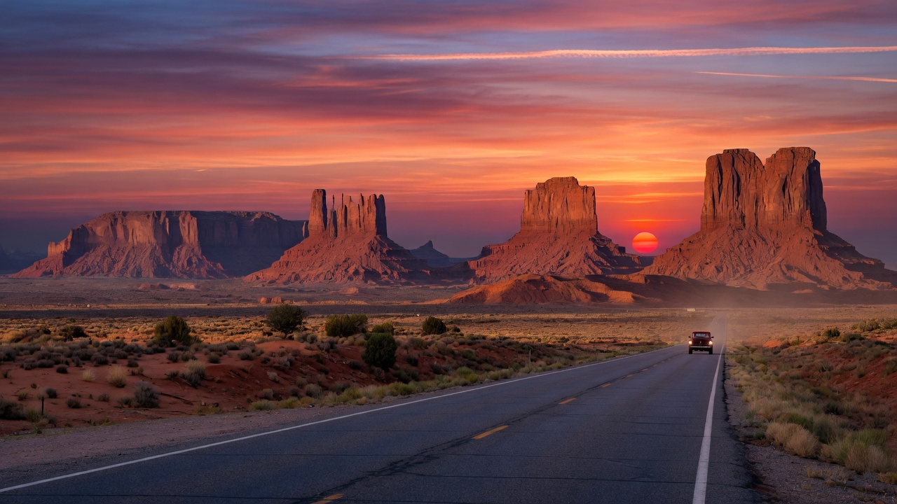 USA Rundreise – Mietwagen vor dem Grand Canyon bei Sonnenuntergang | Travelviser
