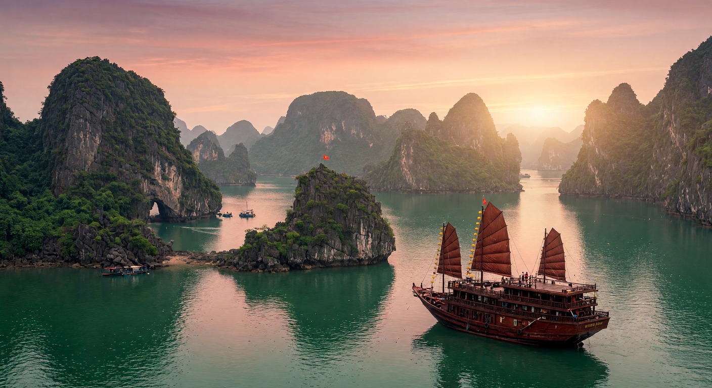 Urlaub in Vietnam – Halong-Bucht mit Kalksteininseln bei Sonnenaufgang | Travelviser