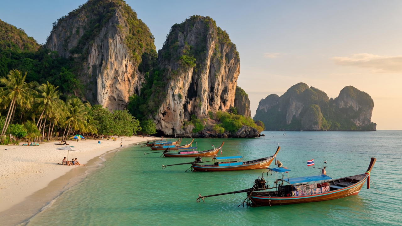 Winterurlaub in Thailand – Longtail-Boot vor Kalksteinfelsen in der Andamanensee im Dezember | Travelviser